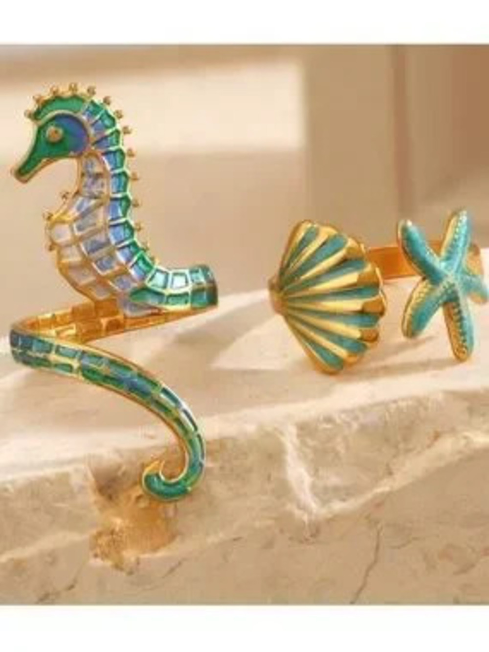 Turquoise and Gold Seahorse & Shell Stackable Ring Set - Picture 2 of 3